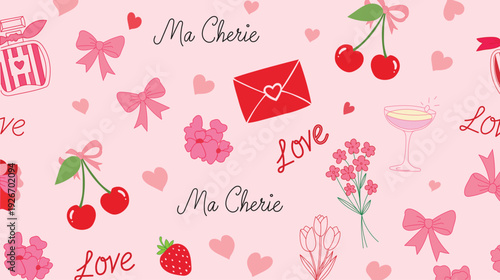Romantic valentine seamless pattern vector illustration with love hearts cherry flower envelope ribbon pink decorative background design