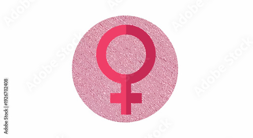 Close-up of a pink female gender symbol on a textured pink background with a bold graphic design.