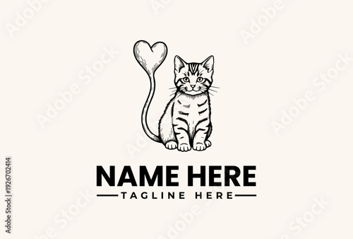 Black and white vector illustration of a cat forming a heart with its tail, with a placeholder text for a logo or brand name in a simple, modern design against a clean background.
