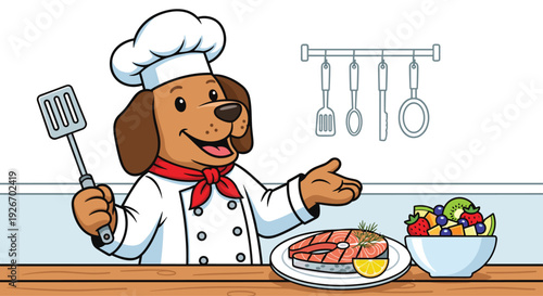 Cartoon dog chef smiles while holding a spatula and presenting a plate of salmon and a bowl of fruit salad on a kitchen counter.