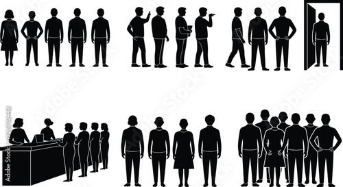 People standing in line silhouette set, queue at reception desk, group waiting for service or entry, flat vector flavector, isolated.