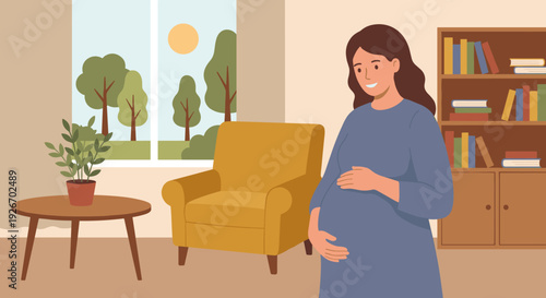 Happy pregnant woman gently cradles her belly with a serene smile, standing in a cozy room with a window view of green trees and a full bookshelf