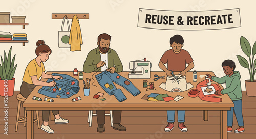 Four diverse people crafting clothes together, upcycling and reusing garments with various creative techniques in a flat illustration style