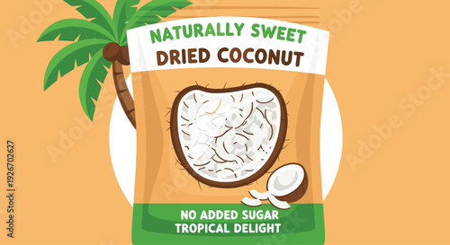 A package of naturally sweet dried coconut is displayed with a coconut tree in the background and a broken coconut next to it.