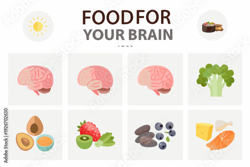 Brain health food collage avocado berries fish and vegetable icons