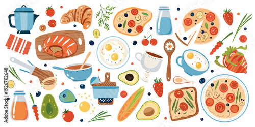 Colorful illustration of various breakfast and brunch food items arranged together