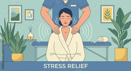 Serene woman in a bathrobe receives a relaxing shoulder massage from a therapist in a calming spa room, depicted in a minimalist flat illustration style with soft colors
