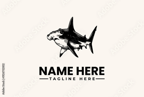 A black and white illustration of a shark with a template for a logo or icon on a beige background, featuring a bold typographic design.