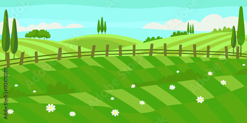 A cheerful cartoon landscape featuring rolling green hills and a wooden fence