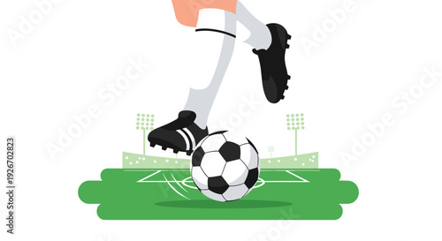 A soccer player wearing black cleats and white socks kicks a traditional black and white ball across a green grass field in a stadium.