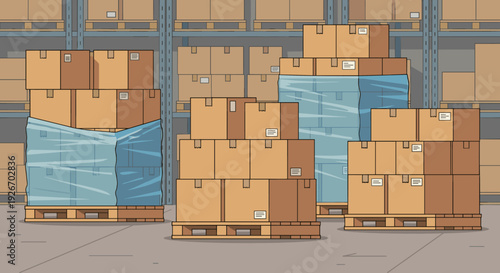 Many cardboard boxes stacked on wooden pallets, some wrapped in blue shrink film, filling a busy warehouse with shelves in this flat illustration