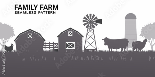 A grayscale family farm scene with barns livestock and a windmill
