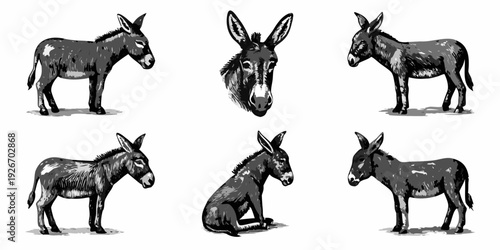 Vintage illustration displaying donkeys in various poses and perspectives