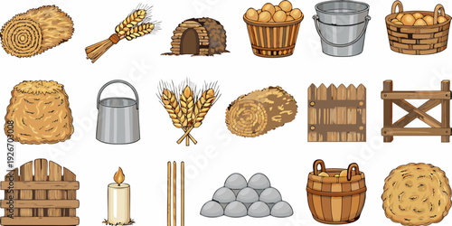 Collection of rustic farm elements including hay wheat and wooden structures