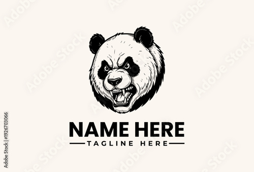 A black and white illustration of a panda bear's head with a fierce expression, accompanied by placeholder text for a logo or brand name on a clean background.