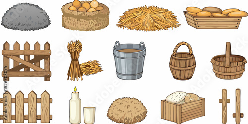 A collection of farm elements including eggs hay and wooden containers