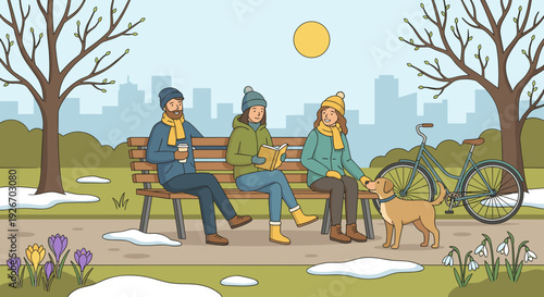 Three happy friends relax on a park bench with their dog on a sunny early spring day, enjoying reading, coffee, and petting, amidst melting snow, budding trees, and blooming flowers