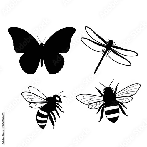 Butterfly Dragonfly Bee Insect Silhouettes.
