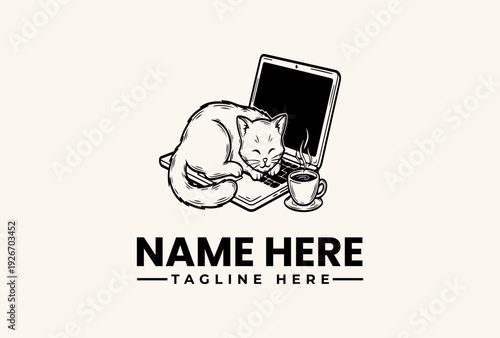 A black and white illustration of a cat sitting with a laptop, cup, and book, forming a logo with space for a name and tagline on a clean background.