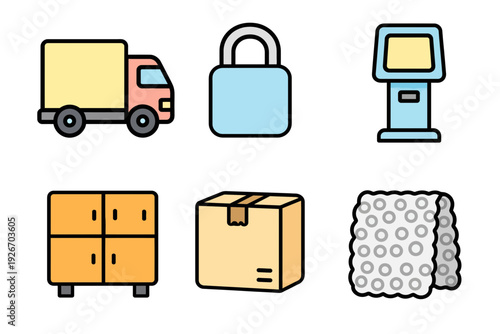 Expedition truck, Padlock, Check-in kiosk machine, Storage locker, Cardboard package box, Bubble wrap