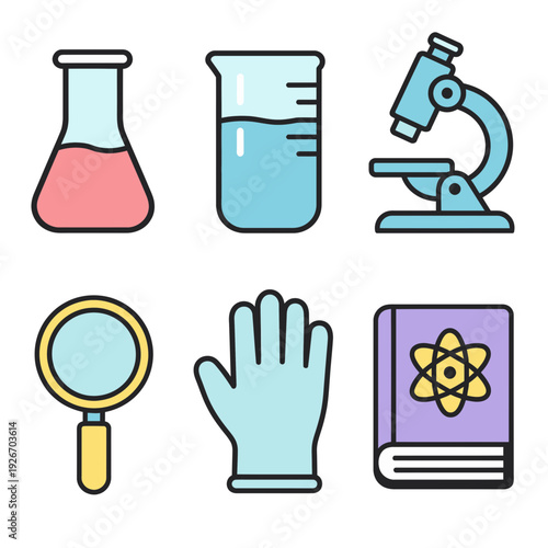 erlenmeyer flask, gelas ukur, mikroskop, kaca pembesar, sarung tangan laboratorium, buku sains