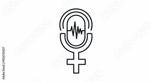 Line drawing of a microphone with a female symbol and sound wave on a white background.