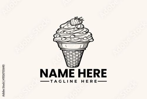 A black and white illustration of an ice cream cone with a strawberry on top, serving as a logo template with placeholder text on a clean background.