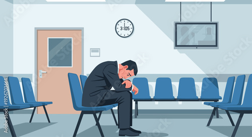 A man in a suit sits slumped alone in a quiet hospital waiting room with clock and empty chairs.