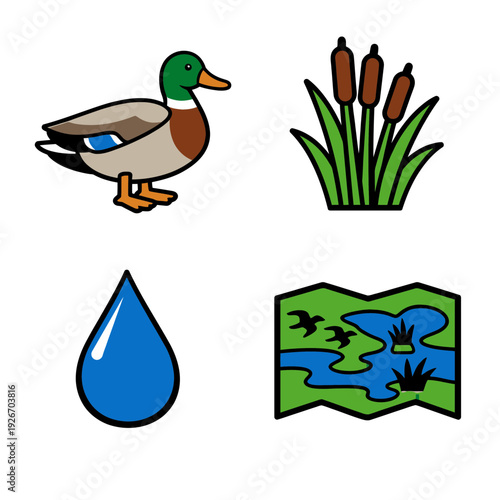 water bird, reeds plant, water drop, wetland map icon
