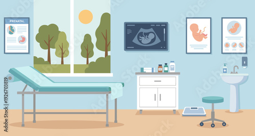Clean, modern prenatal examination room is depicted with an ultrasound screen, examination table, and informative posters, featuring a bright window view