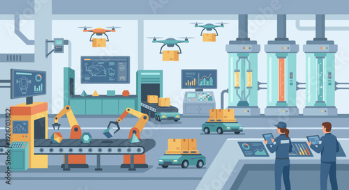 Comprehensive automated smart factory production line features robotic arms, drones, and autonomous vehicles efficiently moving packages and materials under human supervision