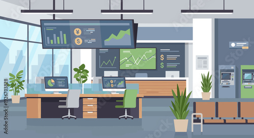 Modern financial bank office interior showcases digital screens displaying market charts and currency symbols, alongside workstations, ATMs, and a waiting area in a clean, professional environment