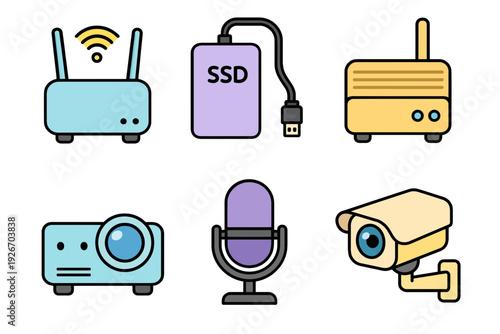 Wi-Fi Router, External SSD, Modem, Mini Projector, Podcast Microphone, CCTV Camera