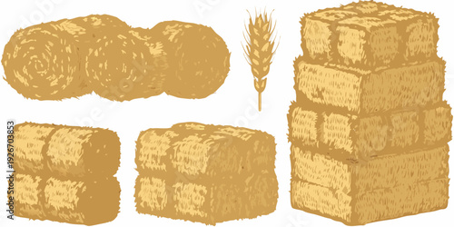 Stacked hay bales and wheat stalk illustration in golden hues