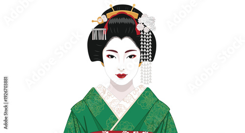 Portrait illustration of a traditional Japanese geisha woman in an ornate green kimono and elaborate hairstyle.