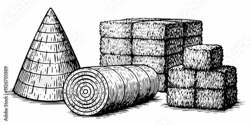 Geometric shapes and stacked hay bales in a vintage style illustration