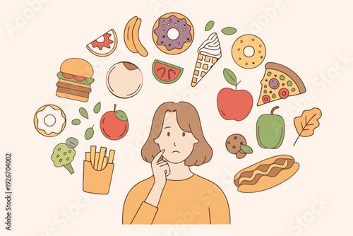 Woman contemplating a variety of unhealthy and healthy food choices