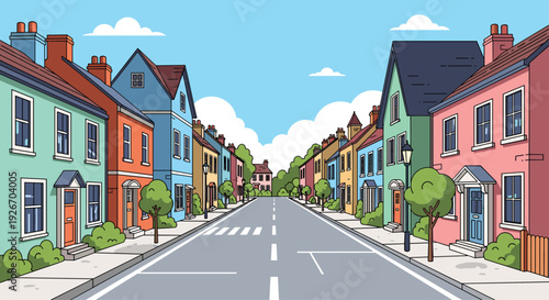 Cartoon illustration of a wide residential street lined with colorful terraced houses and trees.