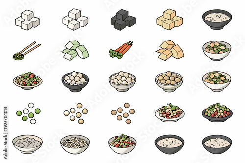 Isometric food icons sugar cubes tofu rice noodles and salad