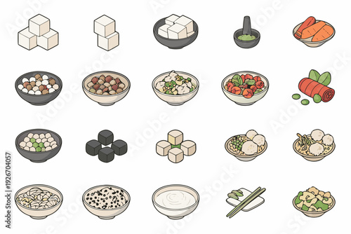 Isometric illustration of japanese cuisine ingredients and dishes