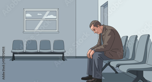 An older adult man sits on a grey chair in a waiting room with his head down.