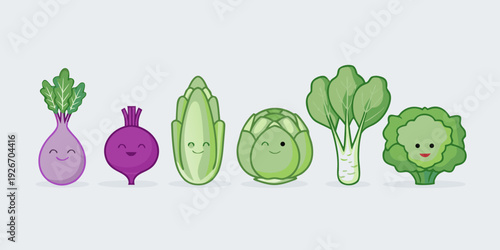 Cute cartoon vegetables line up with smiling faces in a row