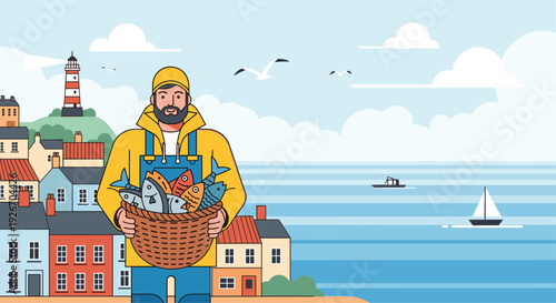 A man in a yellow rain slicker carries a woven basket of fish in a seaside village with boats and a lighthouse.