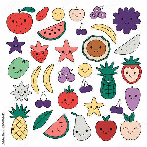 Colorful collection of cute smiling fruit and star shaped stickers