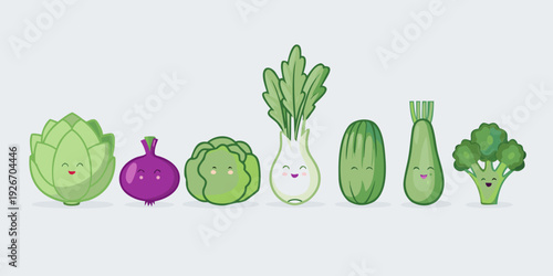 A row of smiling colorful vegetables with cute cartoon faces