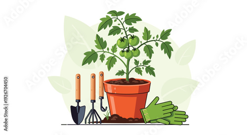 A young tomato plant in a pot with small green fruits stands next to various gardening tools and gloves.