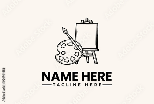 A simple black line drawing of a painter's palette, brush, and easel with a blank canvas on a beige background, with space for a logo and tagline.