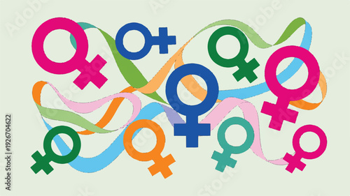 colorful gender symbols and ribbons on light green background