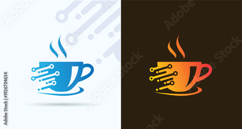 Digital Coffee Cup Logo with Circuit Lines for Cafe Service
