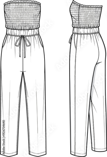 Women’s strapless jumpsuit illustration, smocked bodice design, elastic waist with drawstring tie, straight leg pants, technical garment sketch, apparel drawing